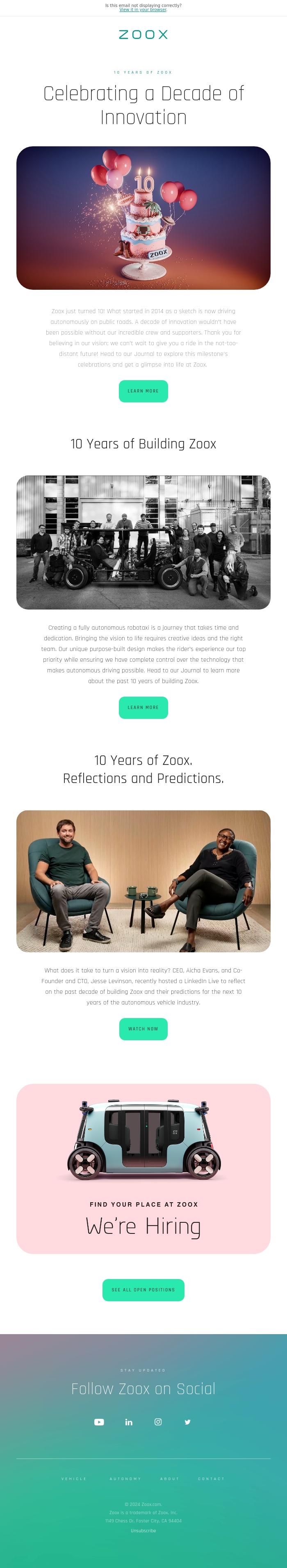 Email Design Inspiration from Zoox, Celebrating a Decade of Innovation 🎉