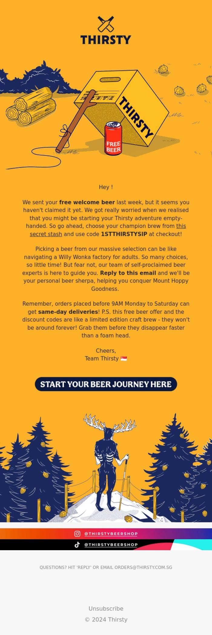 Email Design Inspiration from Thirsty, Hold up... are you saying NO to free beer? 😱
