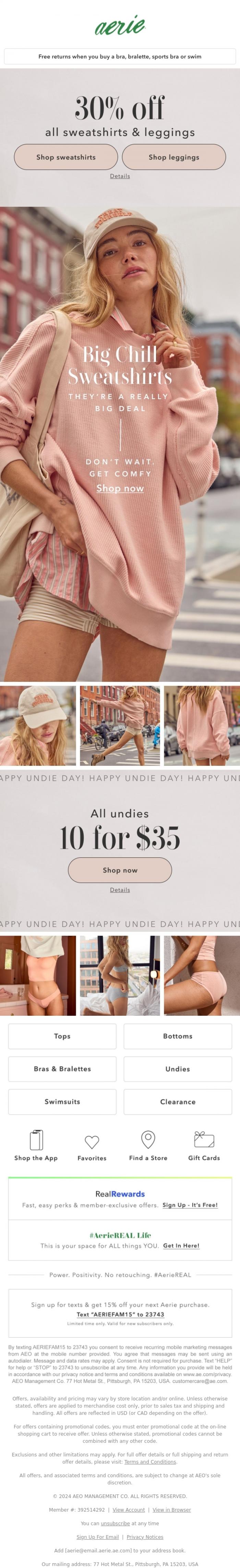 Email Design Inspiration from Aerie, 30% off all sweatshirts & leggings (AKA your running errands bestie)