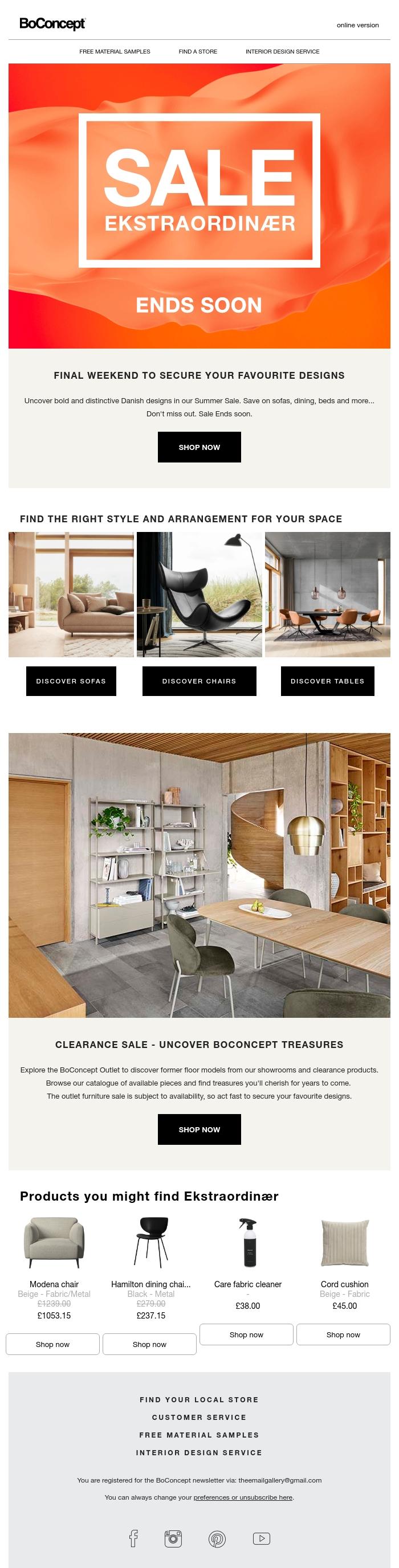 Email Design Inspiration from BoConcept, Our Sale Ends Soon - final weekend!