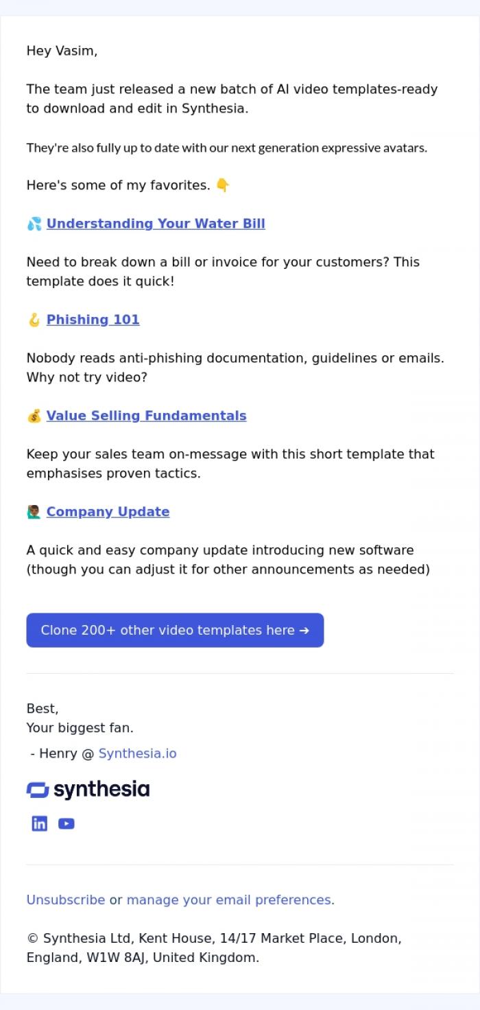 Email Design Inspiration from Henry @ Synthesia, [New] Top 4 Video Templates