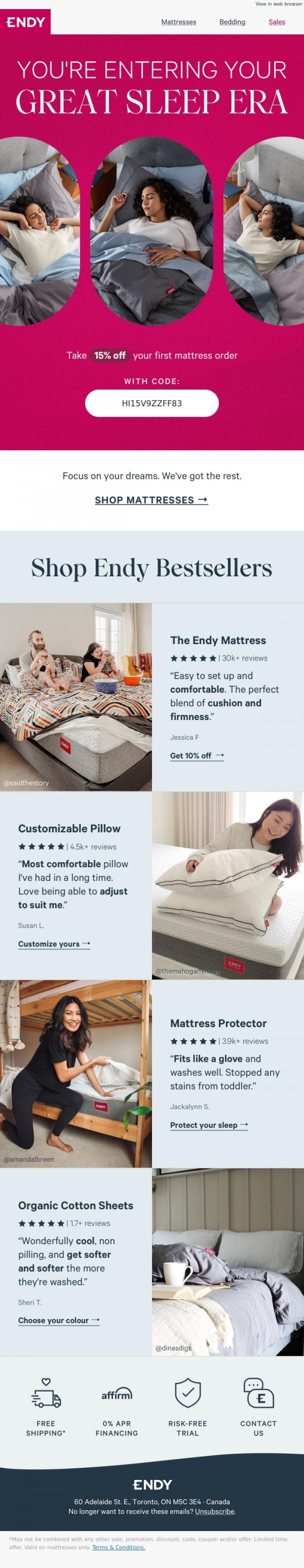 Email Design Inspiration from Endy, Don't let your 15% off expire