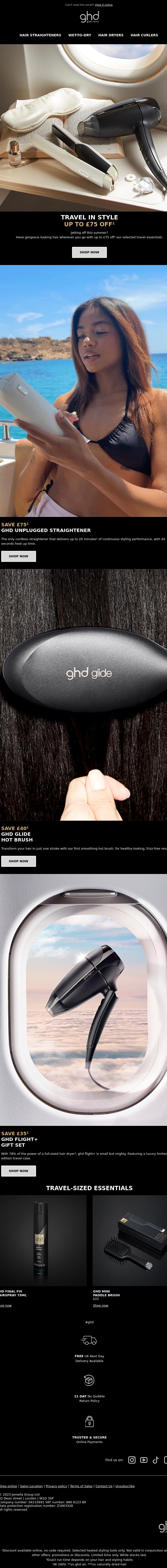 Email Design Inspiration from ghd, Travel in Style With up to &pound;75 Off ✈️