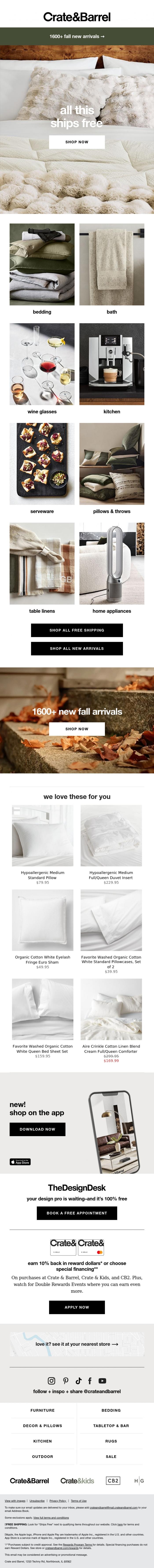 Email Design Inspiration from Crate & Barrel, Everything in this email ships 100% free