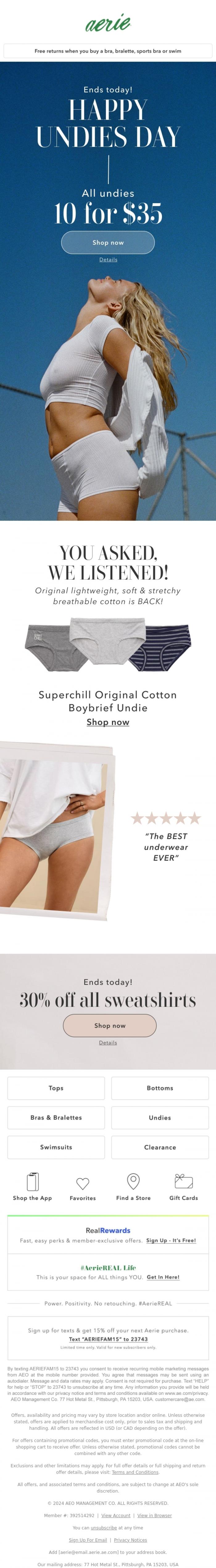 Email Design Inspiration from Aerie, ENDS TODAY! All undies 10 for $35 for only a couple more hours 🚨