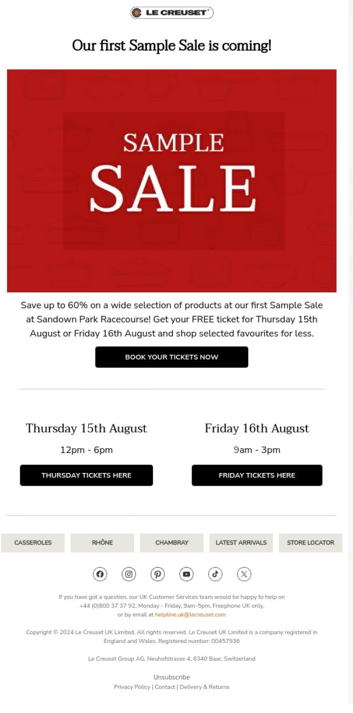 Email Design Inspiration from Le Creuset, Don't Miss Out On Our Sample Sale 🏷️