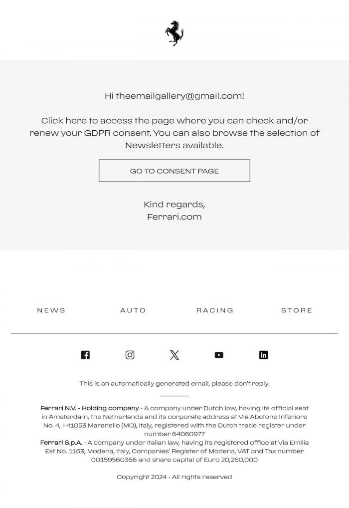 Email Design Inspiration from Ferrari.com, Manage your newsletters and GDPR consent