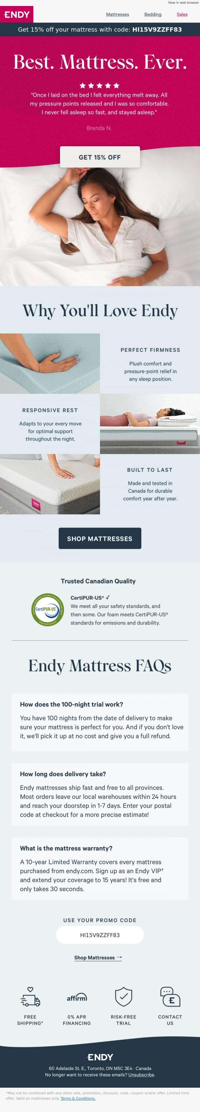 Email Design Inspiration from Endy, Over 1 million happy sleepers 🎉