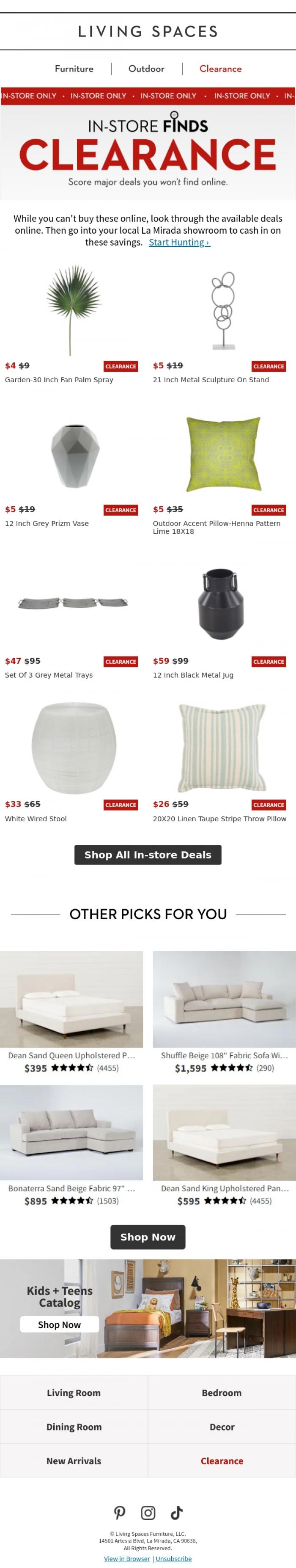 Email Design Inspiration from Living Spaces, In-store only clearance items! Up to 90% off
