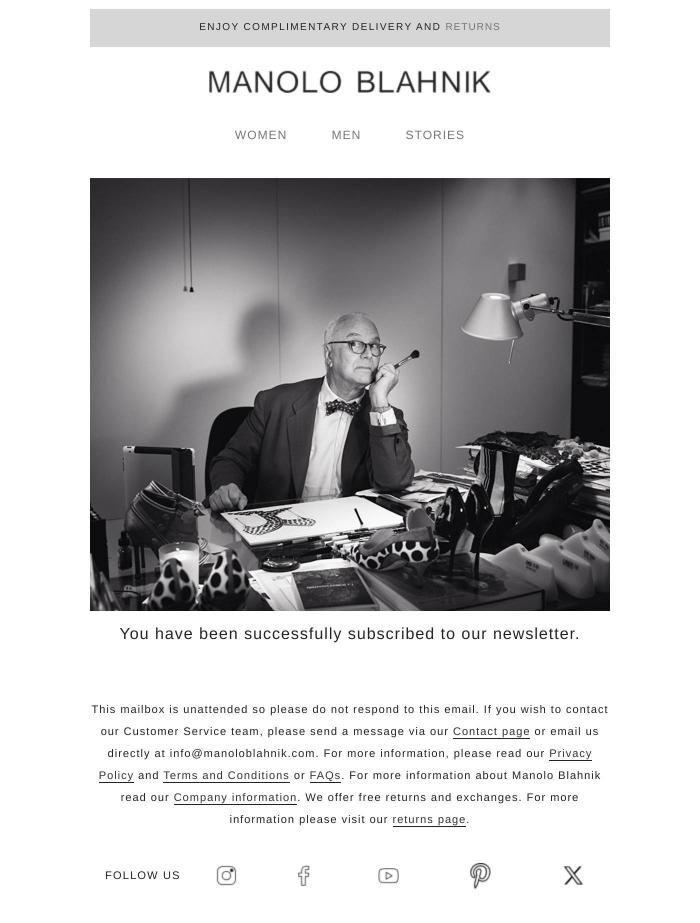 Email Design Inspiration from Manolo Blahnik, Newsletter subscription success