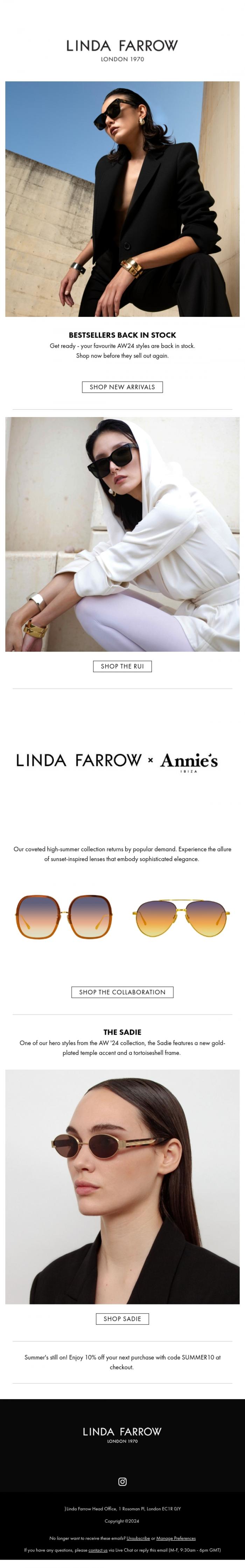 Email Design Inspiration from LINDA FARROW, These Bestselling Items are now Back in Stock.