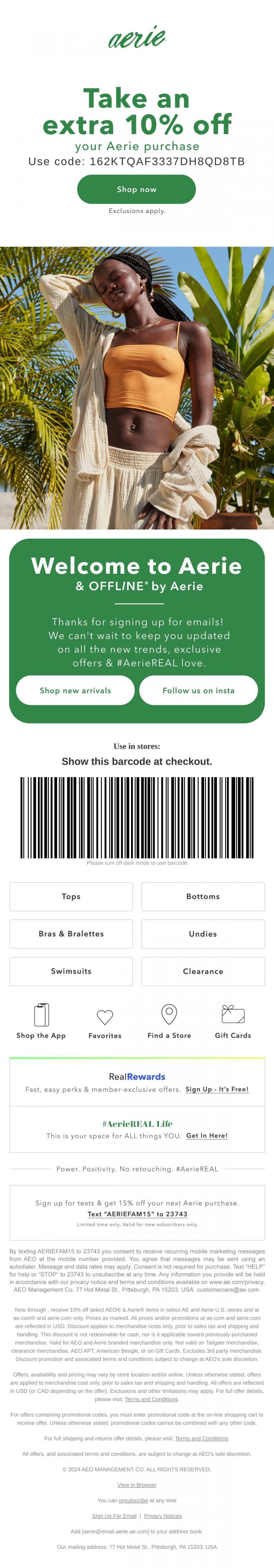 Email Design Inspiration from Aerie, So happy you're here! Take an extra 10% off