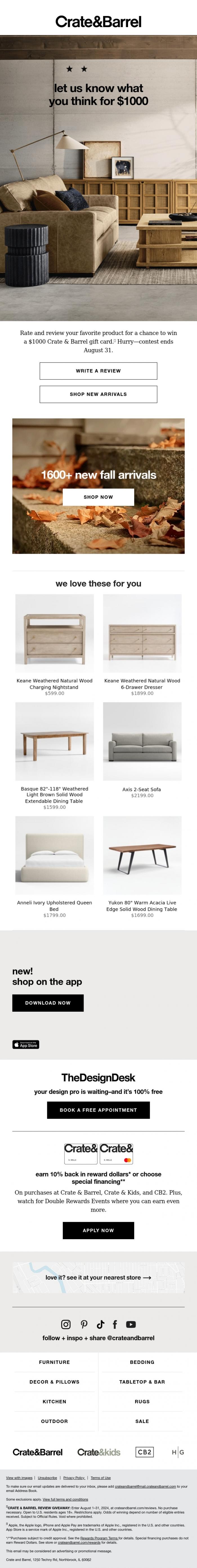Email Design Inspiration from Crate & Barrel, So... Want a $1000 gift card?