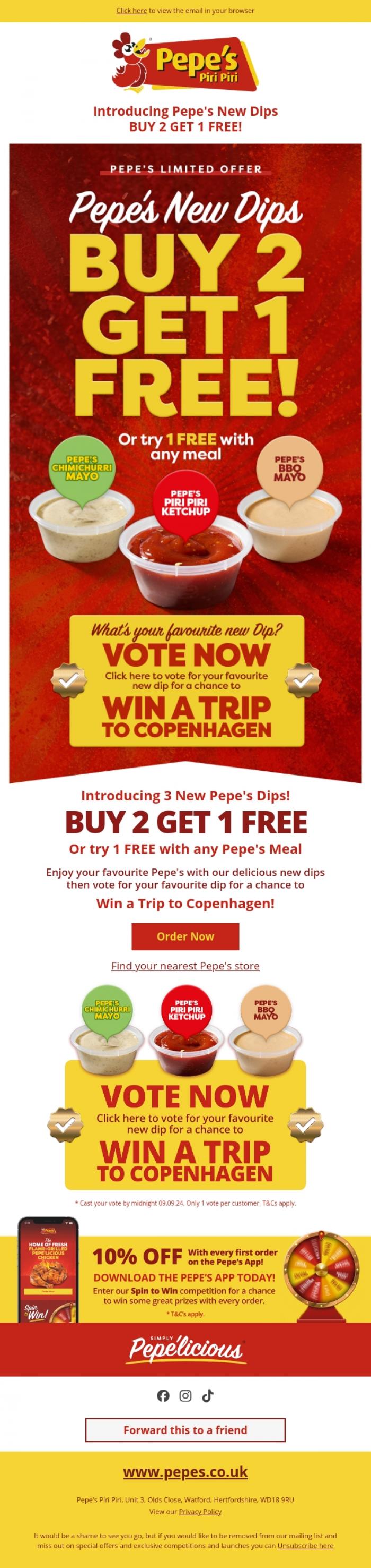 Email Design Inspiration from Pepe's, Introducing 3 new dips and a chance to win a holiday