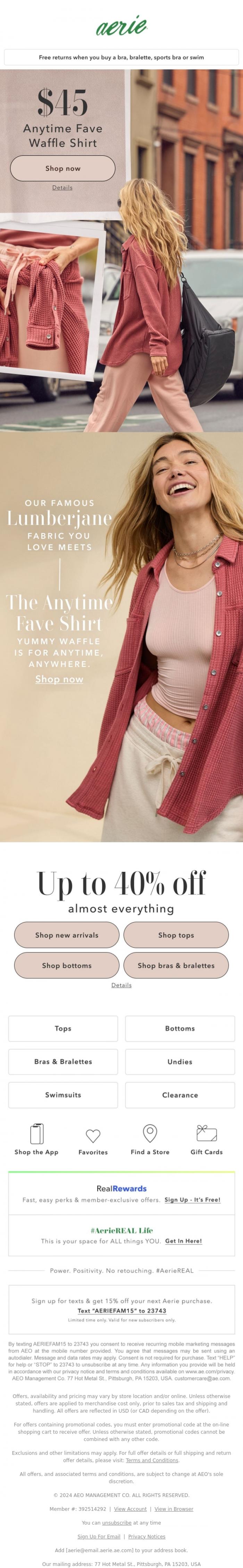 Email Design Inspiration from Aerie, Waffle lotta love for this $45 Anytime Fave Shirt 🧇 