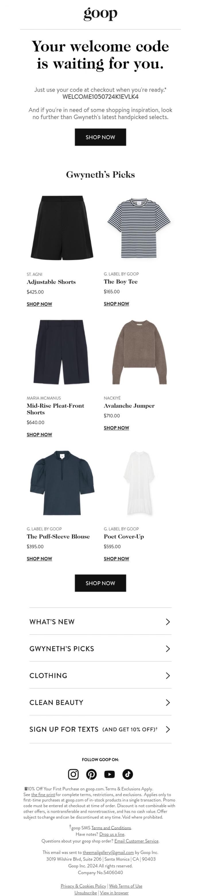 Email Design Inspiration from goop shop, your welcome code