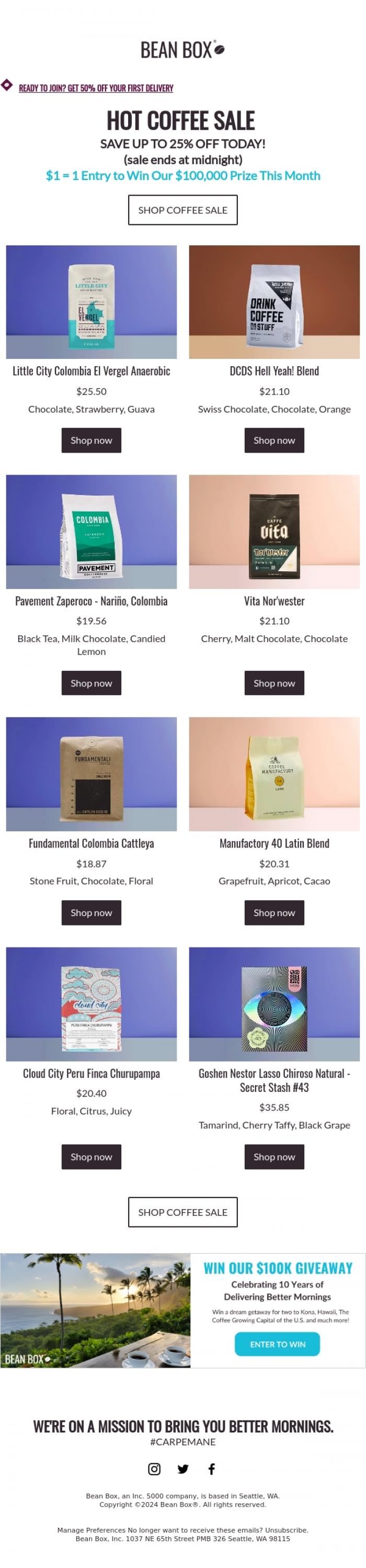 Email Design Inspiration from Ryan (Bean Box), Flash Sale! Get 25% OFF hot coffees ☕🔥