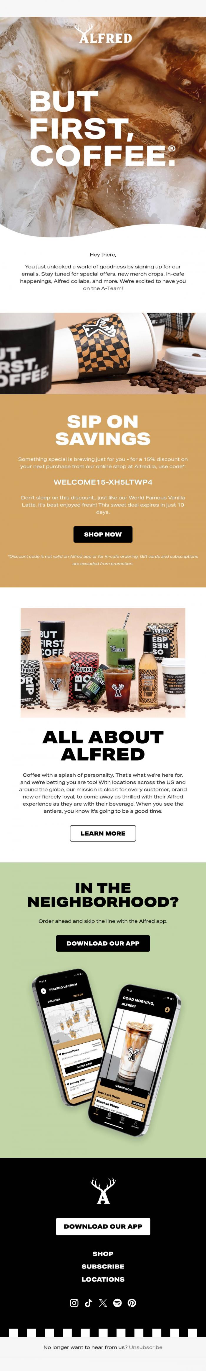 Email Design Inspiration from Alfred Coffee, Welcome to the A-Team, friend ?? ????