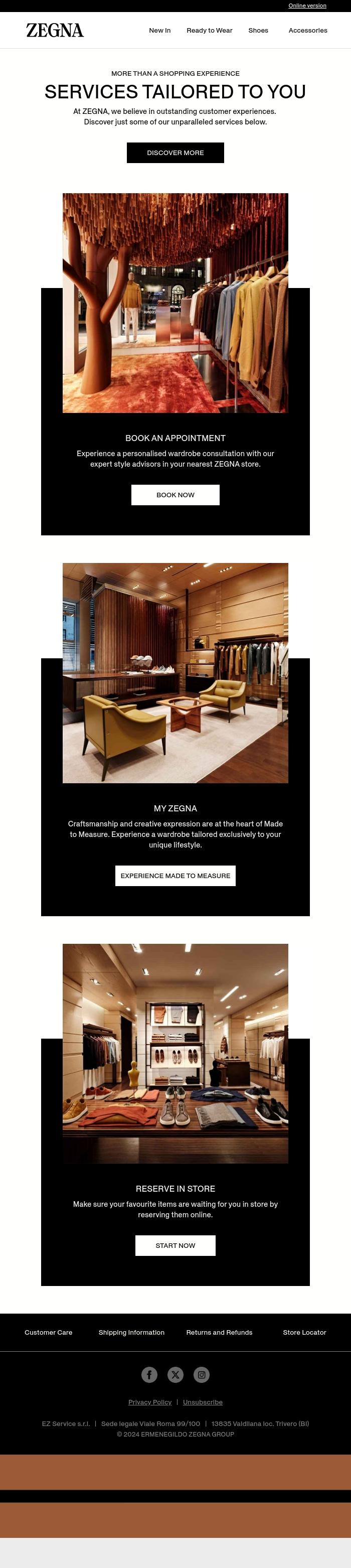 Email Design Inspiration from Zegna, Services Tailored to You