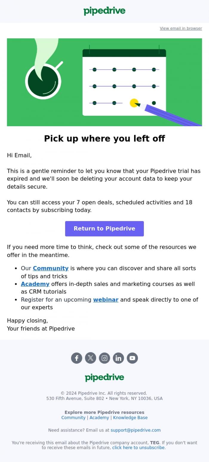 Email Design Inspiration from Pipedrive, There's still time to restore your account ⏱️