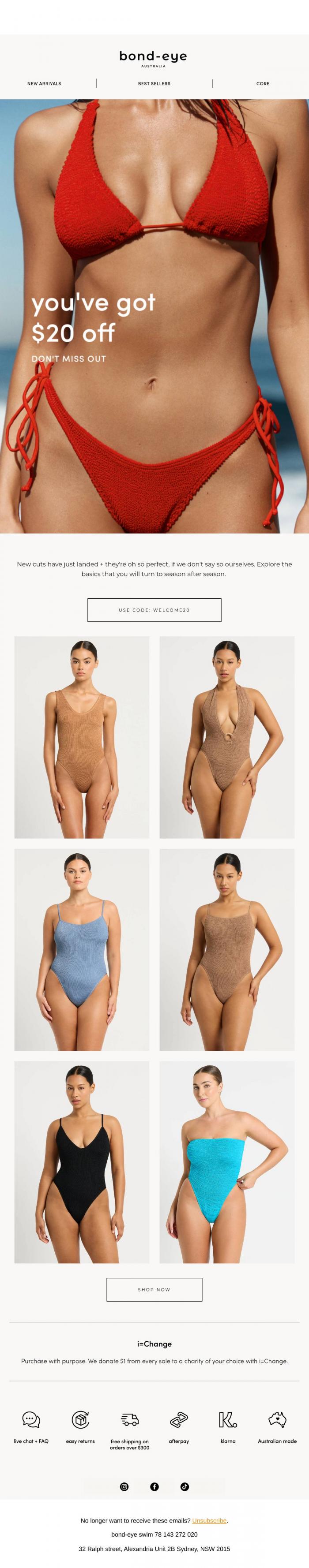 Email Design Inspiration from Bond-eye swim, Don't forget to use your $20 Voucher.
