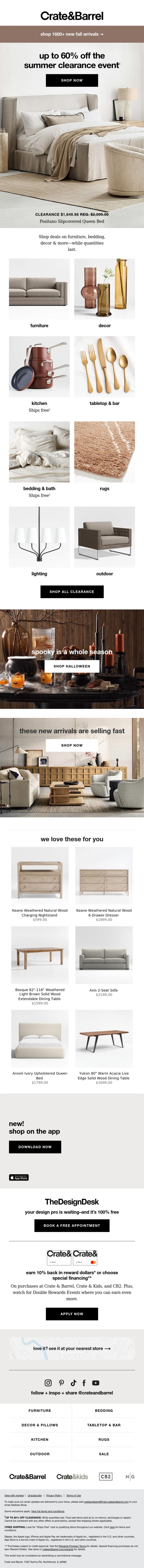 Email Design Inspiration from Crate & Barrel, UP TO 60% OFF | The Summer Clearance Event &rarr;