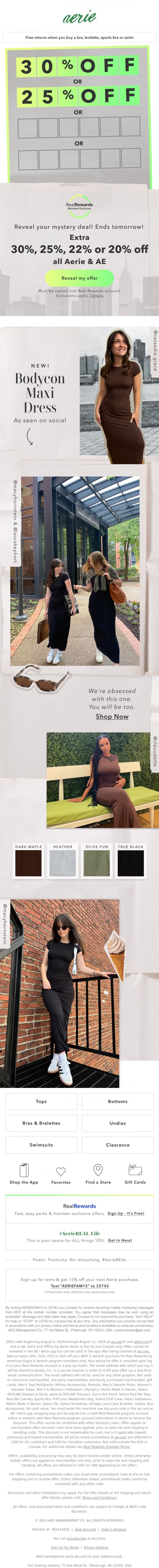 Email Design Inspiration from Aerie, ENDS TOMORROW! Real Rewards members get your mystery deal now!