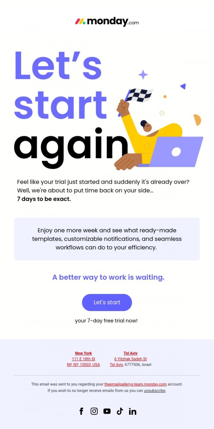 Email Design Inspiration from monday.com, One more week of monday.com, on us