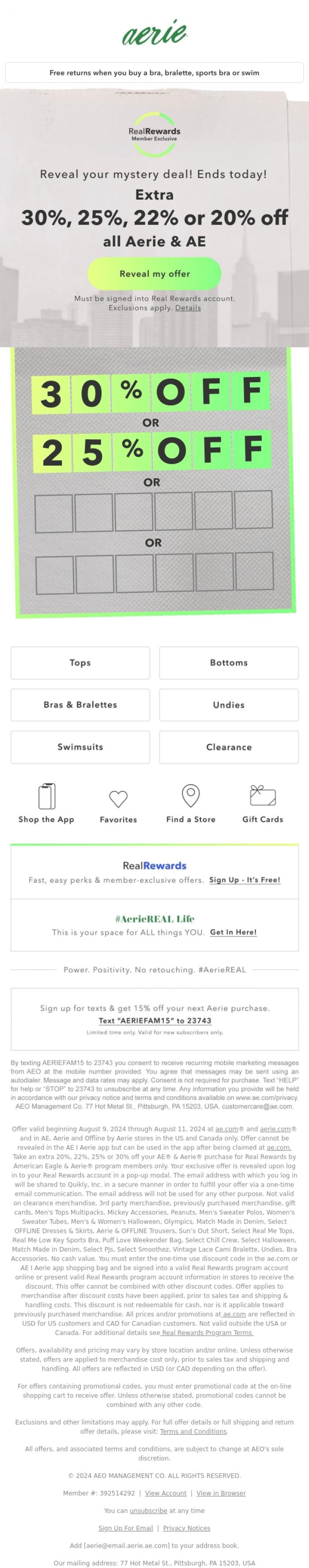 Email Design Inspiration from Aerie, ENDS TODAY! Real Rewards mystery deal: 30, 25, 22, or 20% is waiting for you, Bestie!