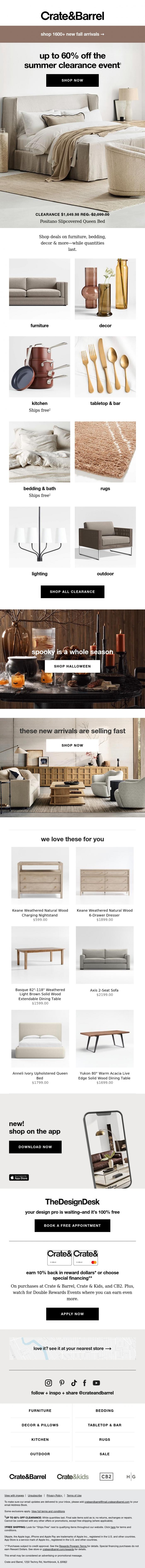 Email Design Inspiration from Crate & Barrel, Up to 60% off The Summer Clearance Event is on &rarr;