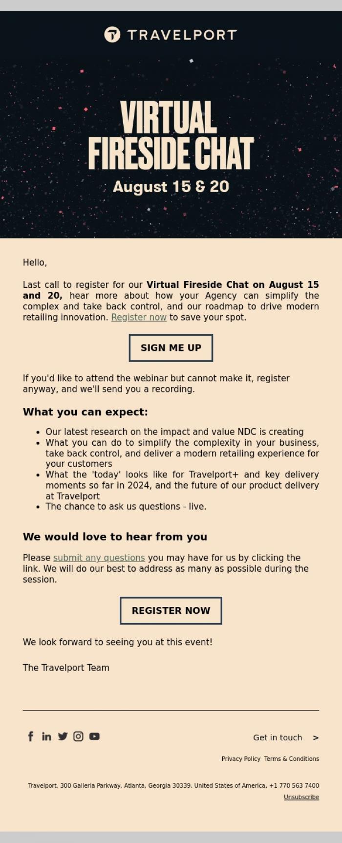 Email Design Inspiration from Travelport, Last chance to register for our Virtual Fireside Chat