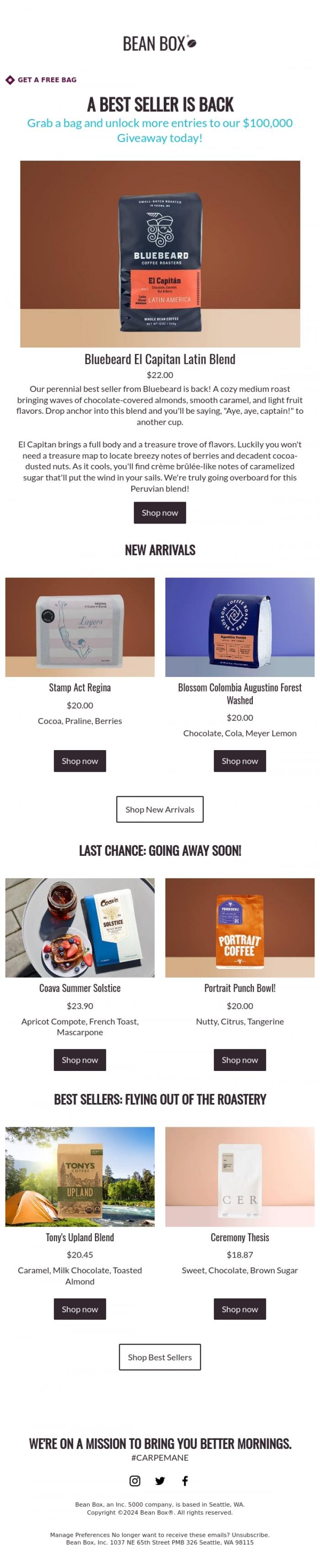 Email Design Inspiration from Ryan (Bean Box), A best seller is back! El Capitan Latin Blend 🍫🏴&zwj;☠️☕