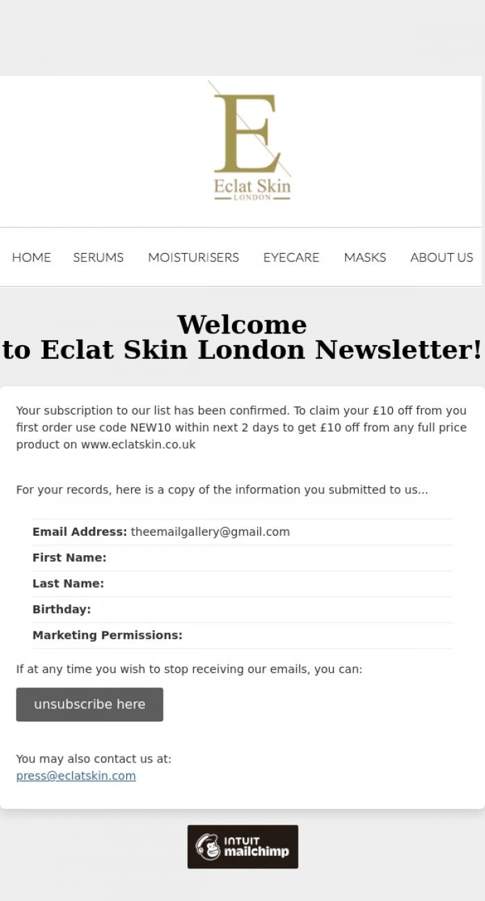 Email Design Inspiration from Anna, Eclat Skin London: Subscription Confirmed
