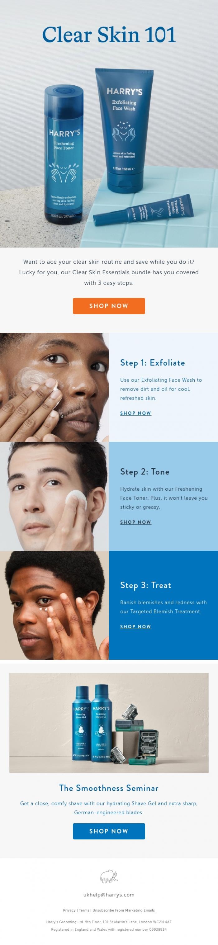 Email Design Inspiration from Harry's, Dermatologist tested, clear skin approved