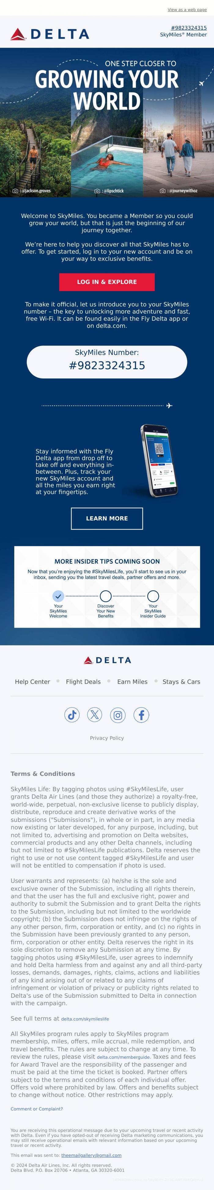 Email Design Inspiration from Delta Air Lines, Welcome To SkyMiles&reg;, The Email