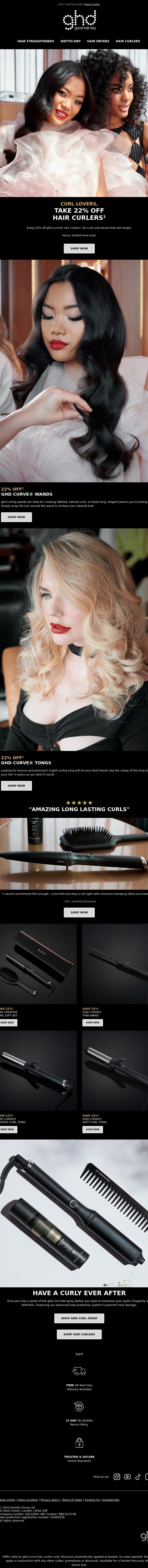Email Design Inspiration from ghd, 22% off Curls That Last All Night Long 🤩