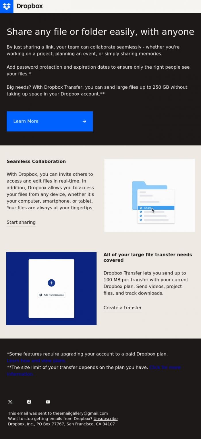 Email Design Inspiration from Dropbox, Hi Email, start sharing today!