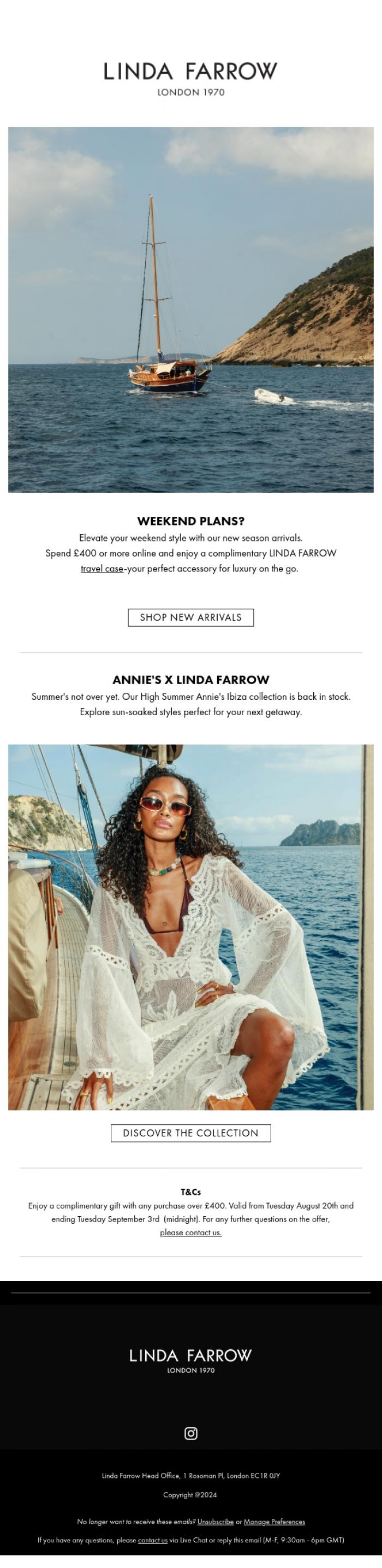 Email Design Inspiration from LINDA FARROW, Weekend Plans? Discover our new season arrivals.