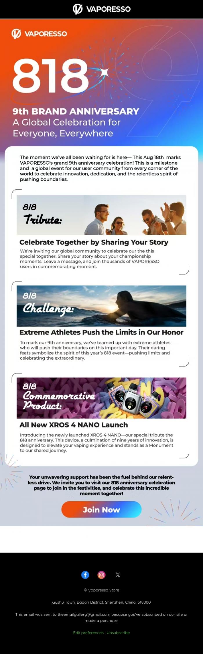 Email Design Inspiration from VAPORESSO Official, 📣Join the Global Celebration-VAPORESSO's 818 Brand Fest Spectacular!👍