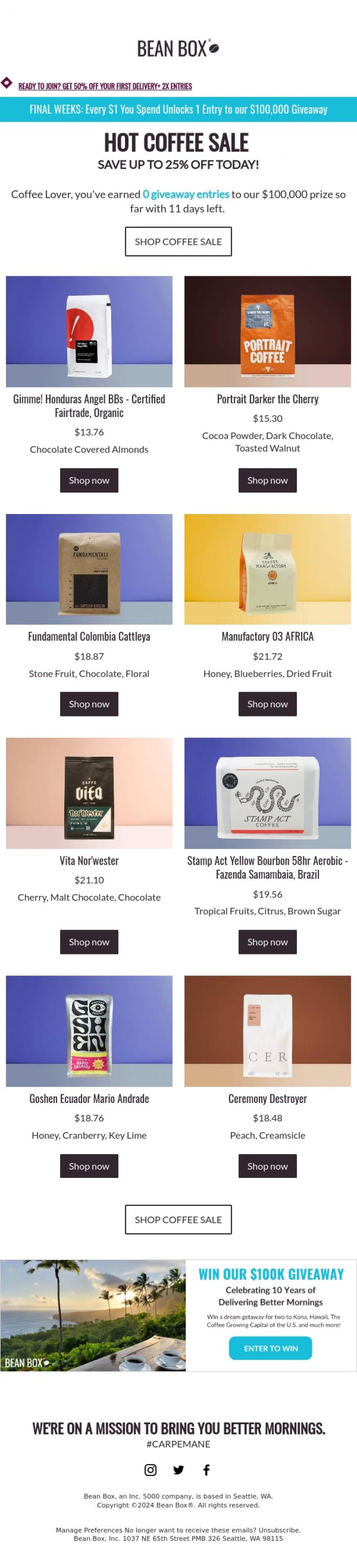 Email Design Inspiration from Ryan (Bean Box), FINAL WEEKS: Up to 25% OFF hot coffees today ☕🔥