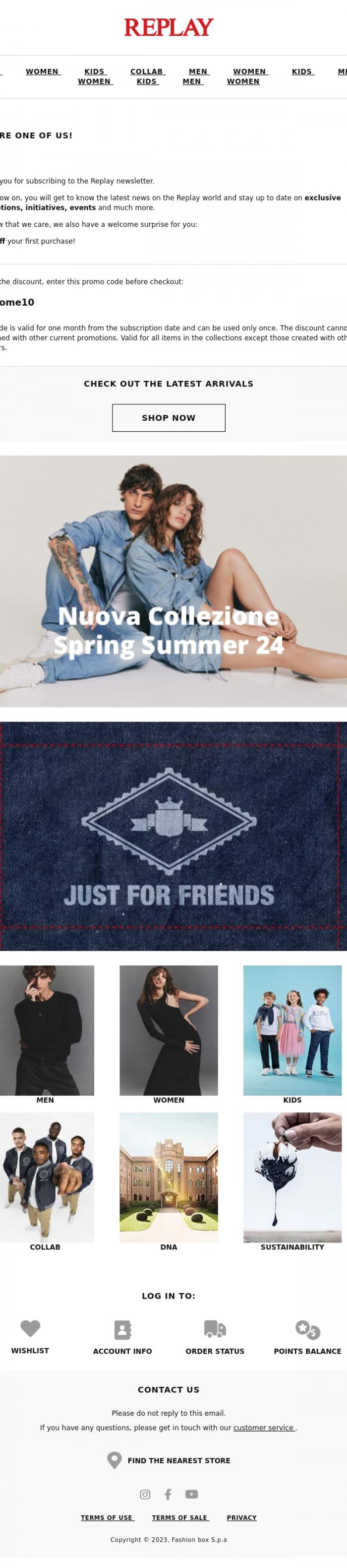 Email Design Inspiration from Replay Jeans, Welcome to Replay! Check out our surprise for you.