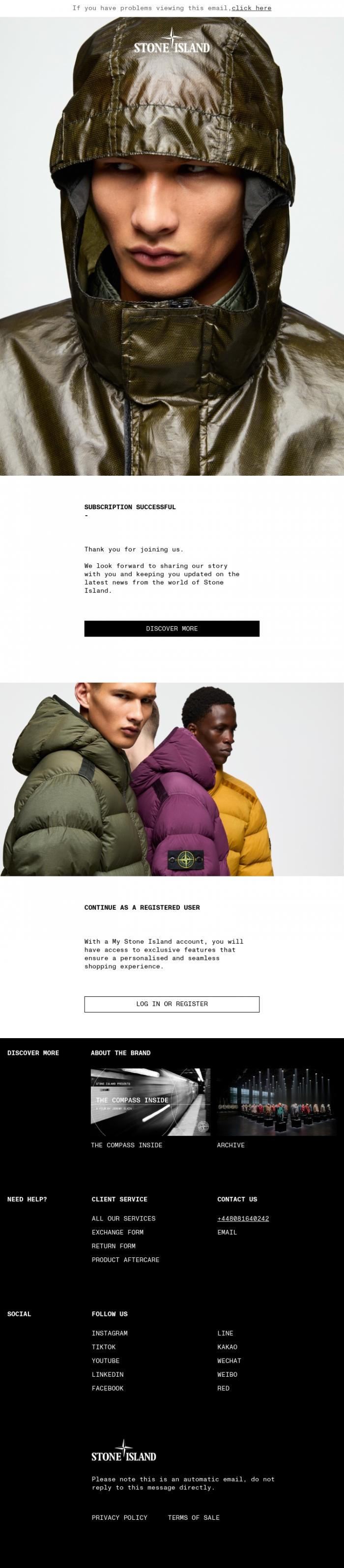 Email Design Inspiration from Stoneisland.com, Thank you for subscribing