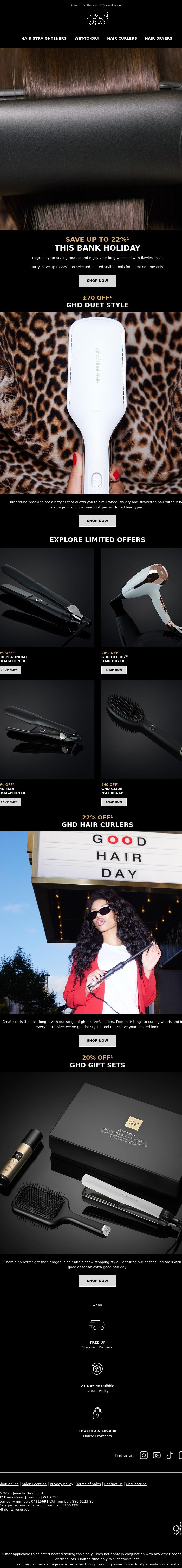 Email Design Inspiration from ghd, Up to 22% off This Bank Holiday 💸