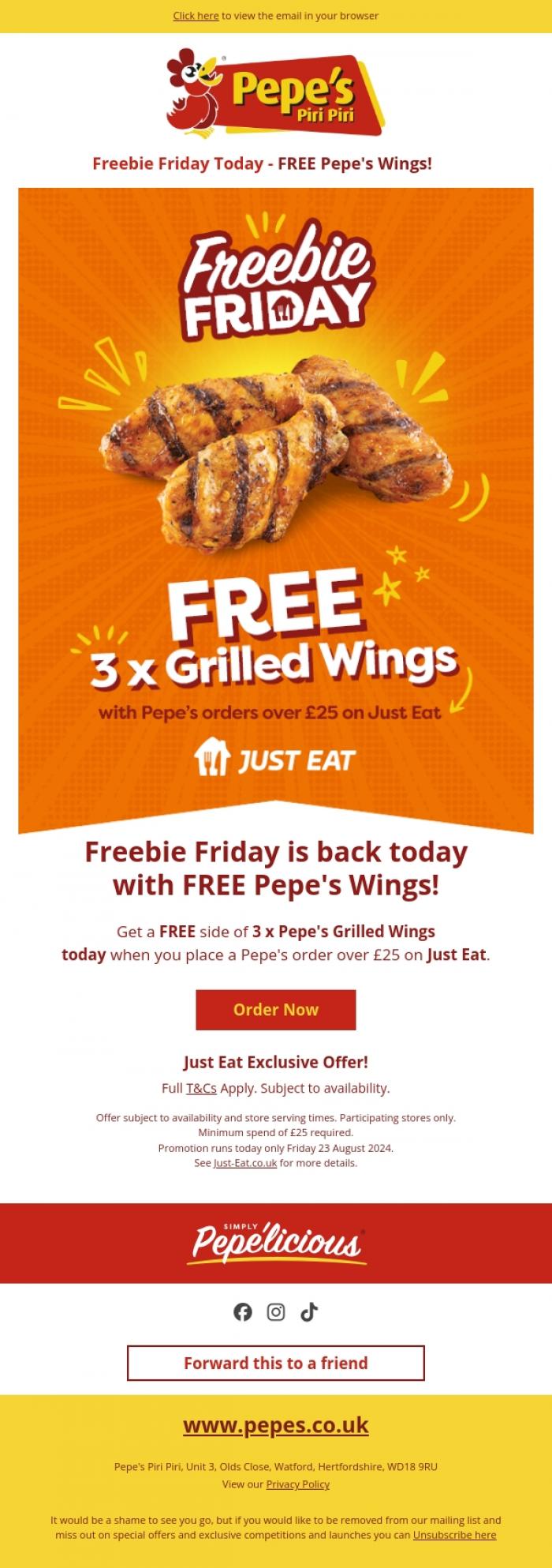 Email Design Inspiration from Pepe's, Pepe's FREE wings - FREEBIE Friday with Just Eat.