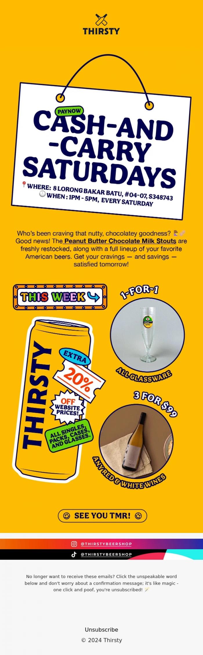 Email Design Inspiration from Thirsty, Cash & Carry Saturdays: Peanut Butter Chocolate Milk Stout is back!