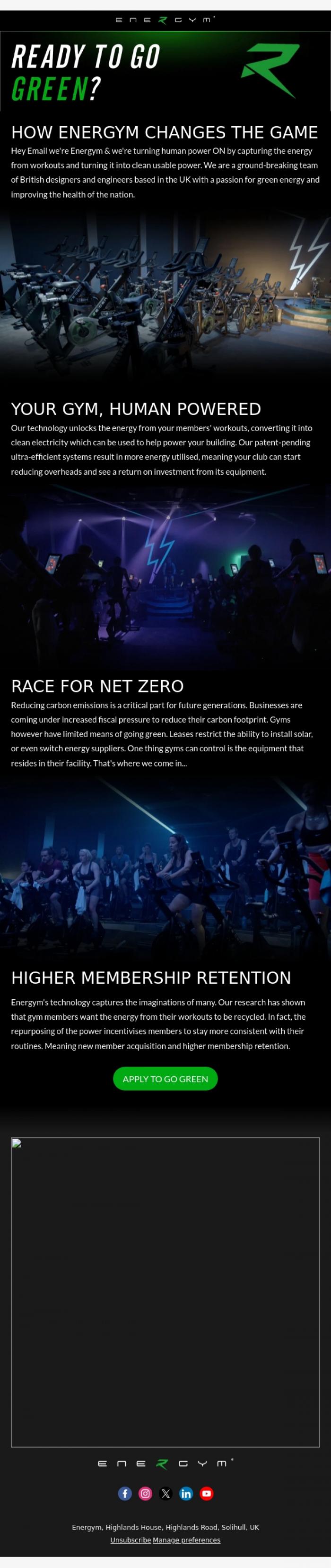 Email Design Inspiration from Team Energym, Reduce costs and go green with Energym! 💪🌍