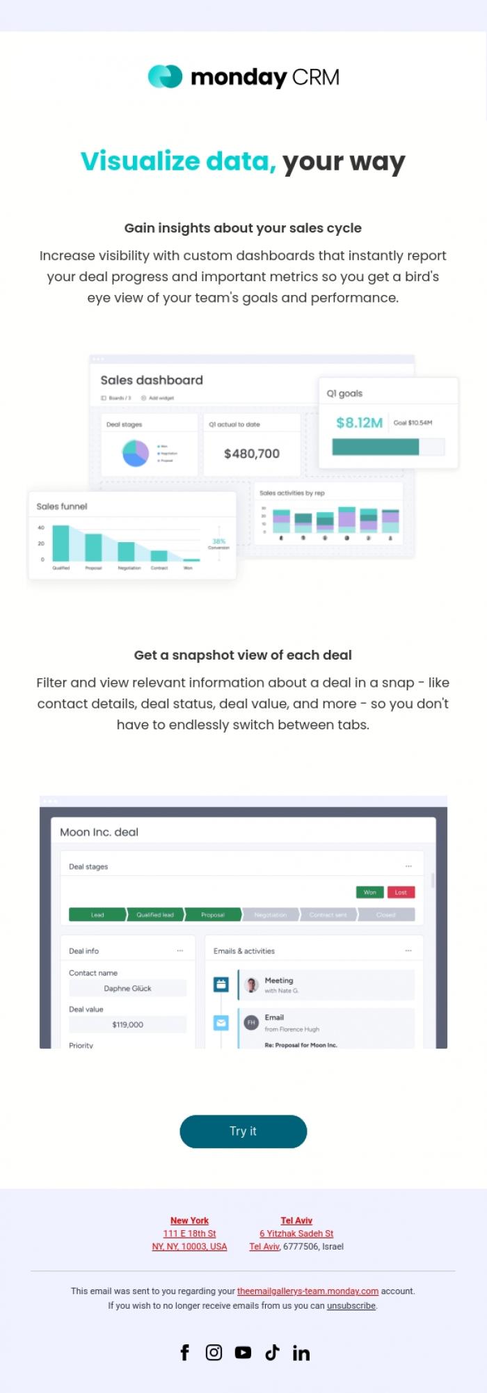 Email Design Inspiration from monday.com, See where your deals stand at a glance