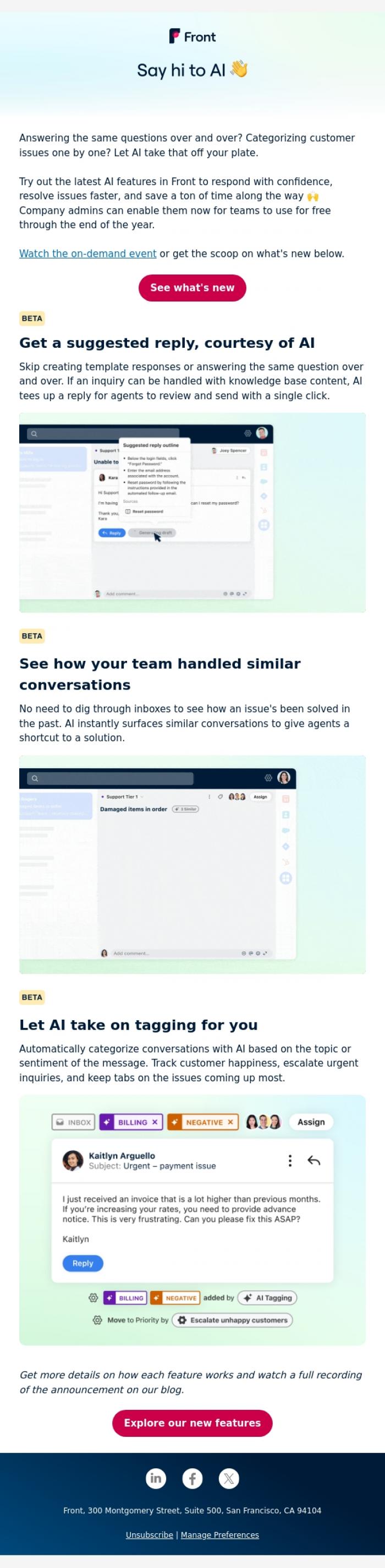 Email Design Inspiration from Front Team, Introducing: new AI-powered tools to supercharge service&nbsp;