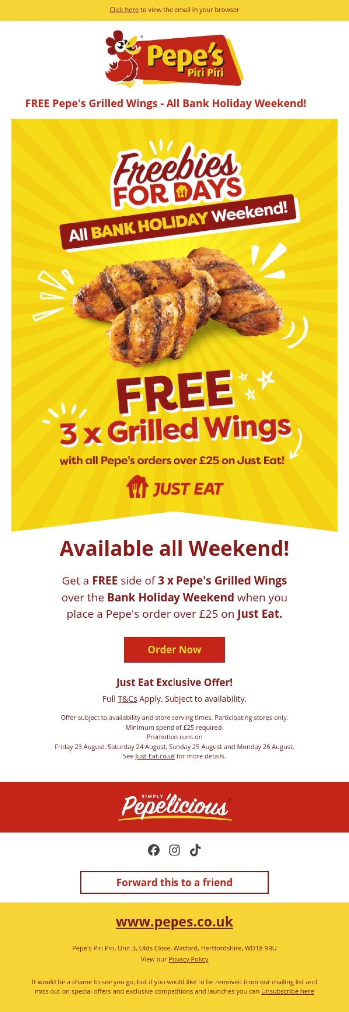 Email Design Inspiration from Pepe's, FREE wings with Pepe's and Just Eat 😅