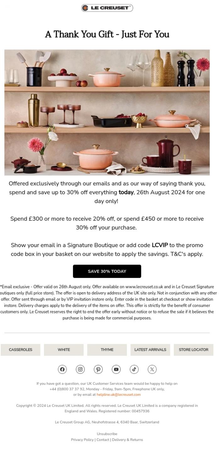 Email Design Inspiration from Le Creuset, 30% Off! One Day Only!
